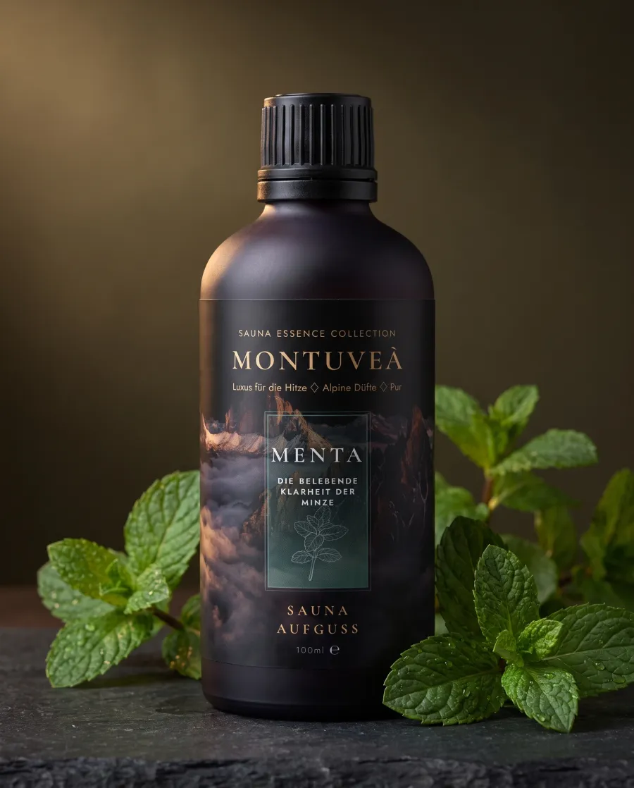 KI-generiertes Symbolbild: Aufgussflasche Menta mit Minzblättern.