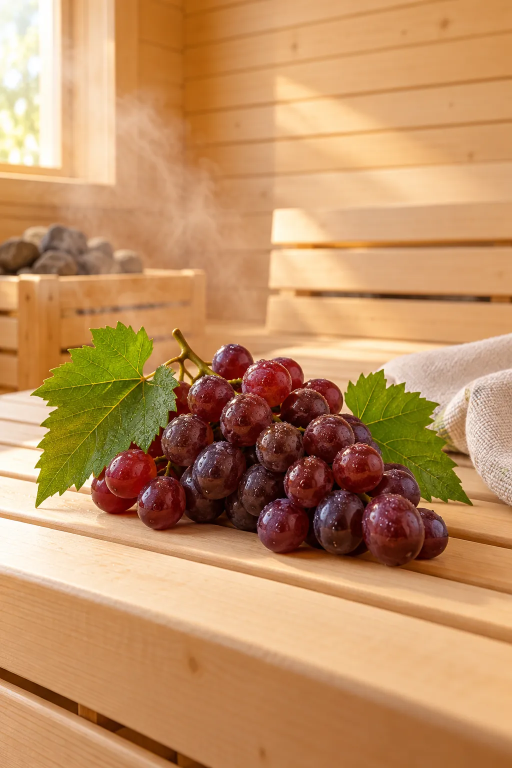 KI-generiertes Symbolbild: Rote Weintrauben mit Weinblättern auf einer hellen Saunabank.